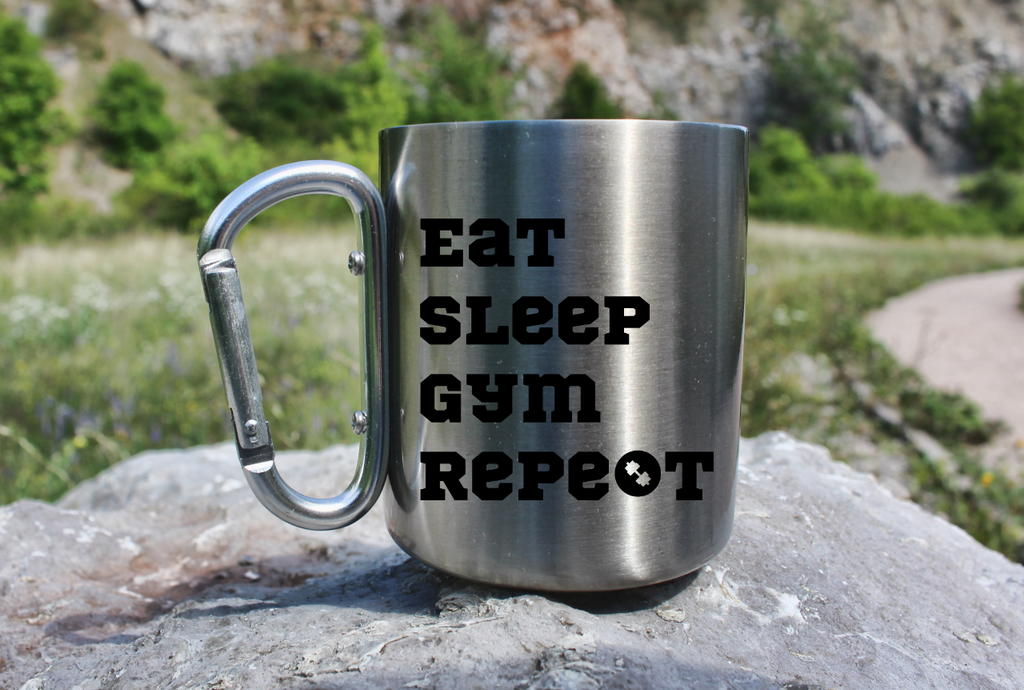 Kubek metalowy srebrny z karabińczykiem i nadrukiem „Eat Sleep Gym Repeat” – na siłownię #7