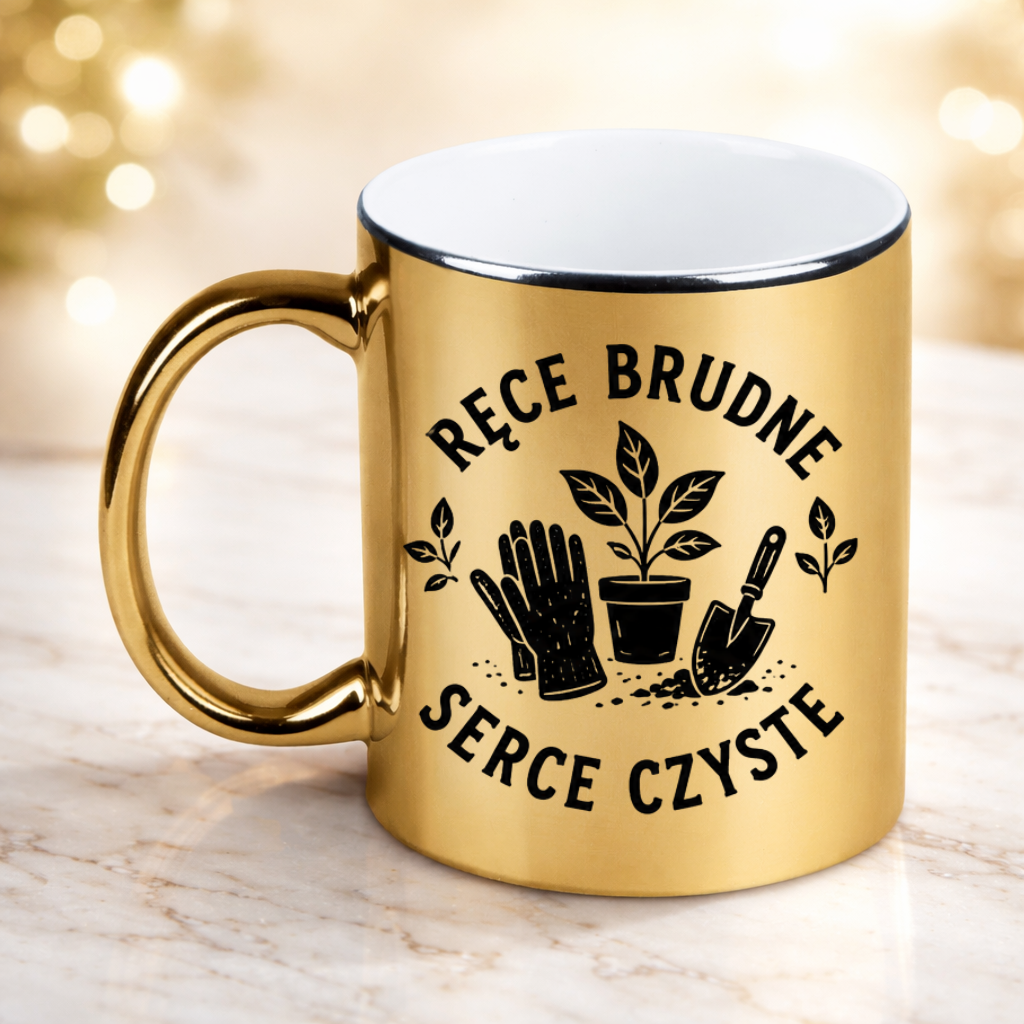 Kubek złoty z nadrukiem „Ręce brudne, serce czyste” – działka, ogród #3