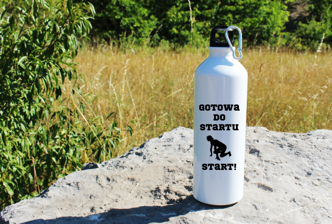 Bidon damski biały 800 ml z nadrukiem "Gotowa do startu, start!" – bieganie #5