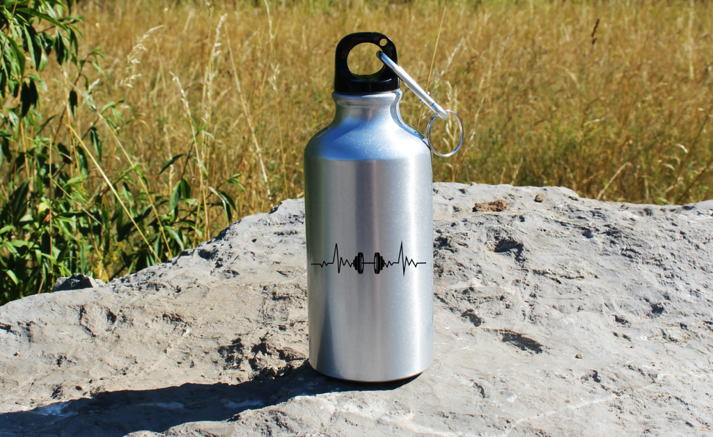 Bidon srebrny 400 ml z grafiką hantli i linią życia – siłownia #5