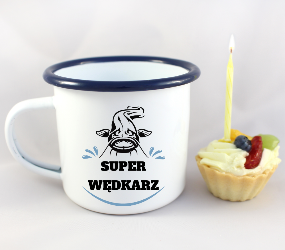 Kubek emaliowany biały z nadrukiem "Super wędkarz" #9