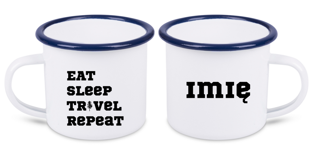 Kubek emaliowany biały z nadrukiem „Eat Sleep Travel Repeat” – podróż, wyprawa #6