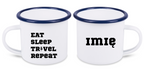 Kubek emaliowany biały z nadrukiem „Eat Sleep Travel Repeat” – podróż, wyprawa #6