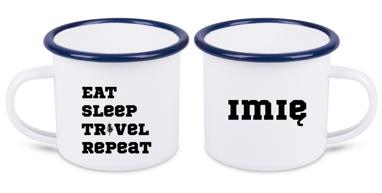 Kubek emaliowany biały z nadrukiem „Eat Sleep Travel Repeat” – podróż, wyprawa #6