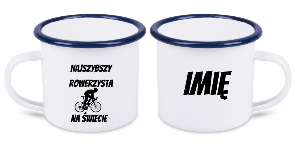 Kubek emaliowany biały z nadrukiem „Najszybszy rowerzysta na świecie” – dla rowerzysty #12