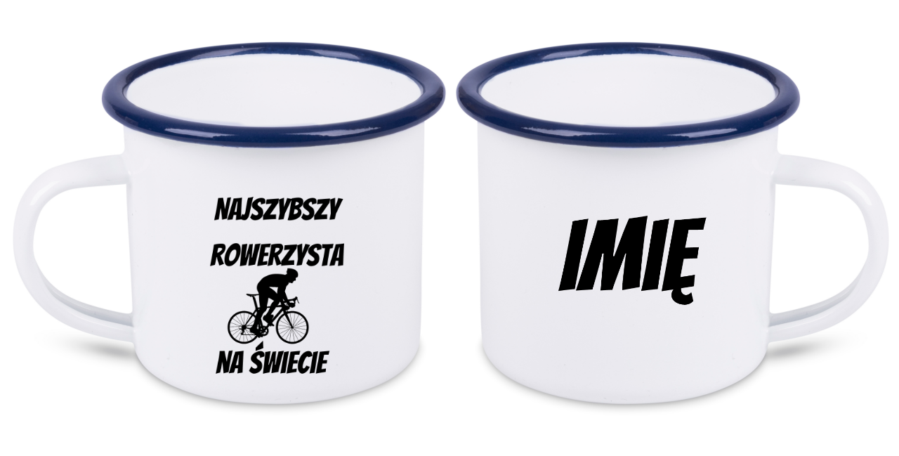 Kubek emaliowany biały z nadrukiem „Najszybszy rowerzysta na świecie” – dla rowerzysty #12