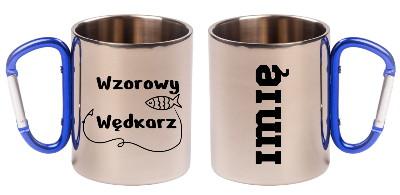 Kubek z niebieskim karabińczykiem i nadrukiem "Wzorowy Wędkarz" #1