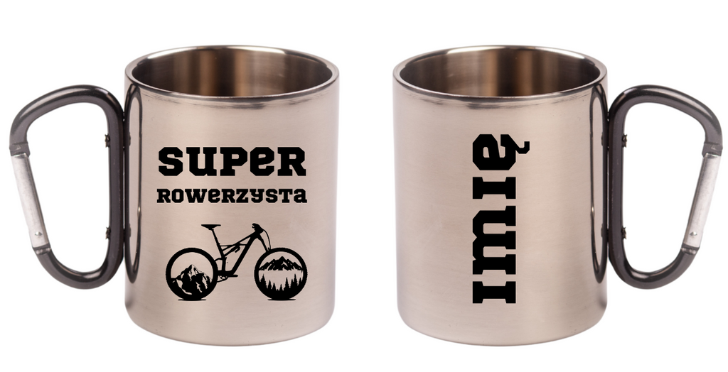 Kubek z czarnym karabińczykiem, nadrukiem „Super Rowerzysta” – dla rowerzysty #7