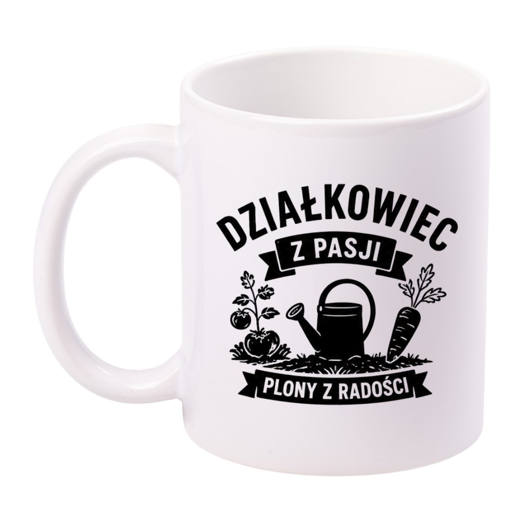 Kubek biały z nadrukiem „Działkowiec z pasji, plony z radości” – ogród, działka #5
