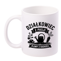 Kubek biały z nadrukiem „Działkowiec z pasji, plony z radości” – ogród, działka #5