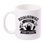 Kubek biały z nadrukiem „Działkowiec z pasji, plony z radości” – ogród, działka #5