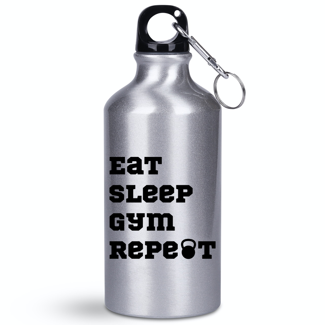 Bidon srebrny 400 ml z nadrukiem "Eat Sleep Gym Repeat" – siłownia #6
