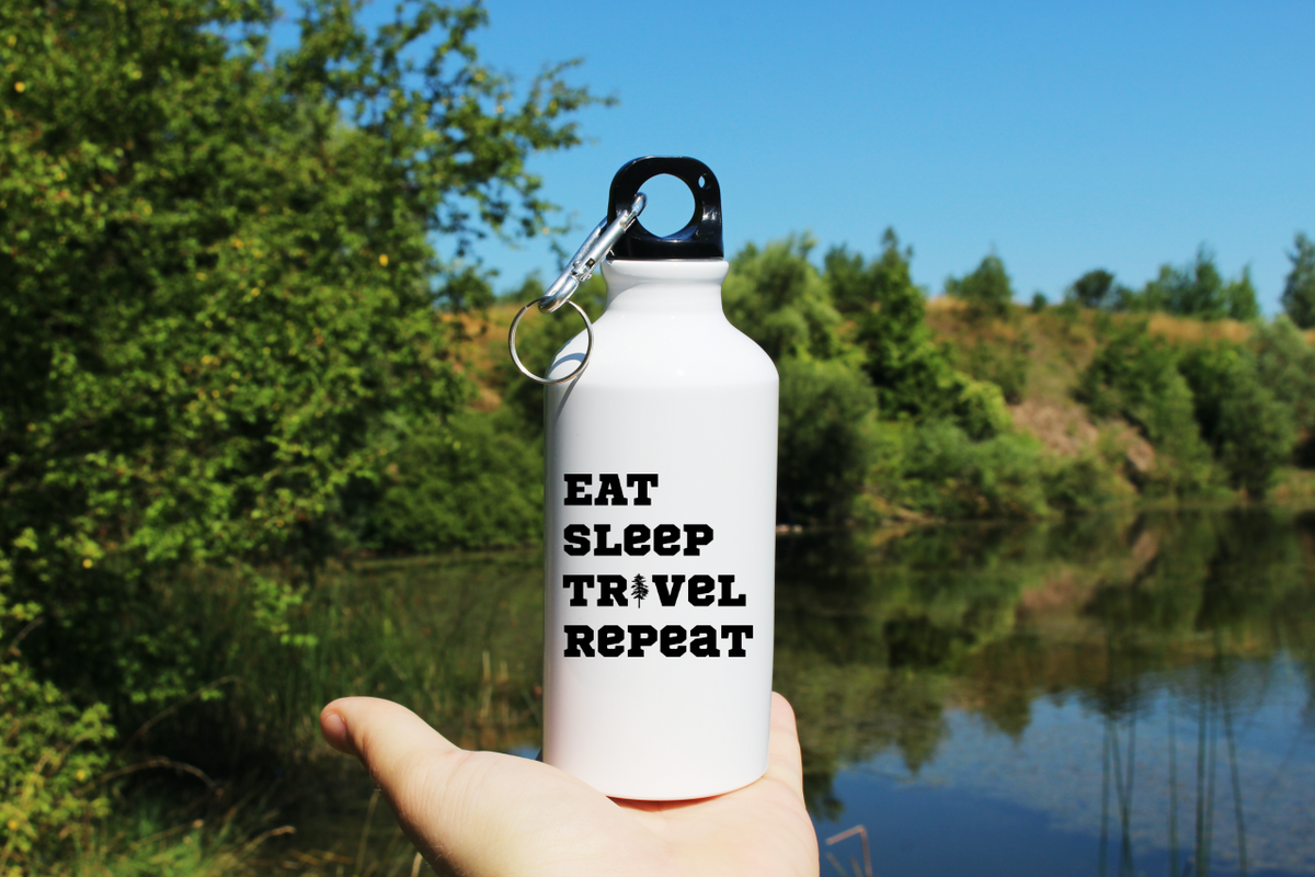 Butelka biała 400 ml z nadrukiem „Eat Sleep Travel Repeat” – podróż, wyprawa #5