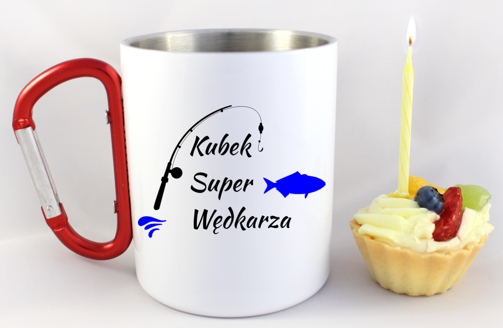 Kubek biały z czerwonym karabińczykiem i nadrukiem "Kubek Super Wędkarza" #1