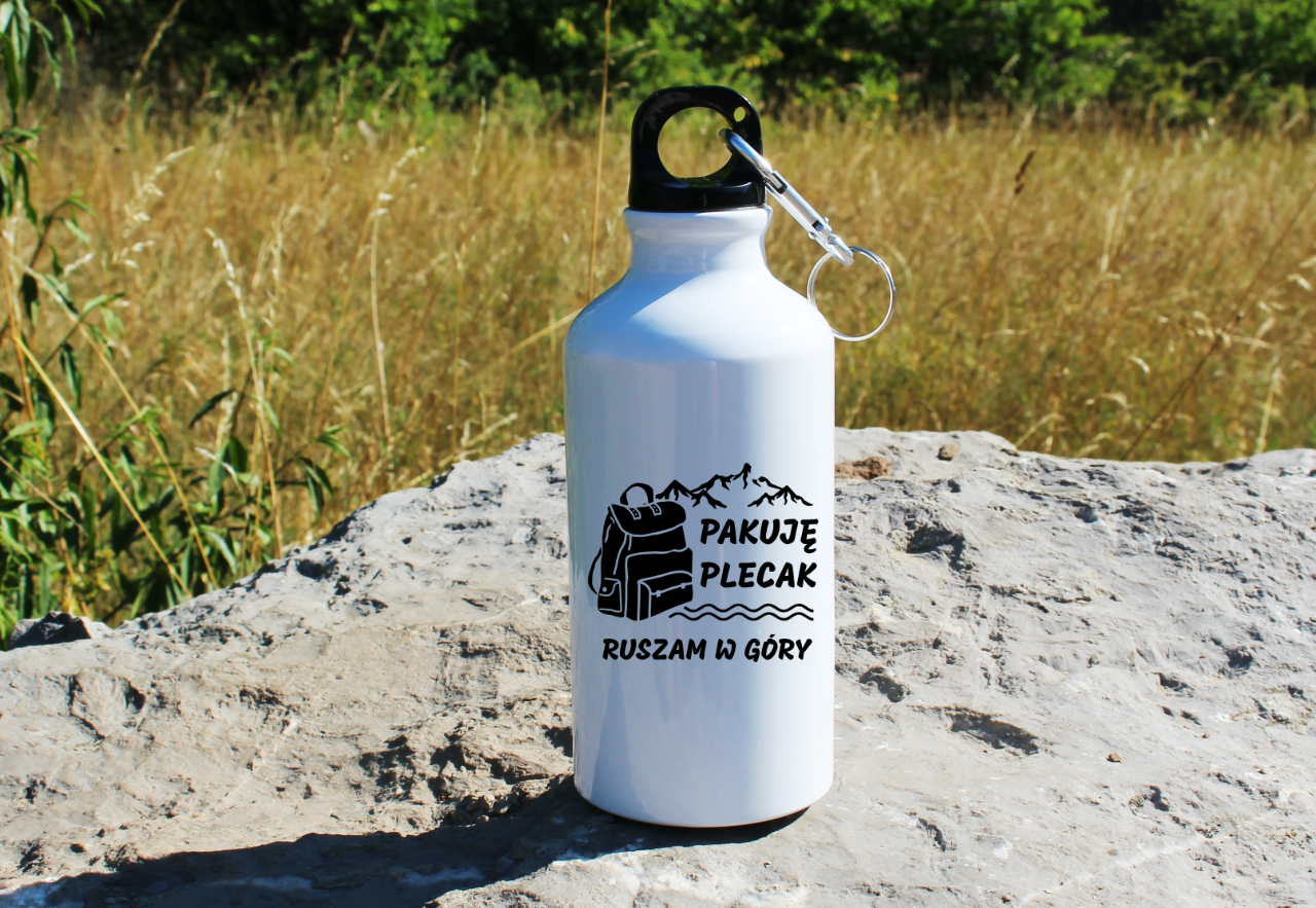 Butelka białą 400 ml z nadrukiem "Pakuję plecak, ruszam w góry" #2