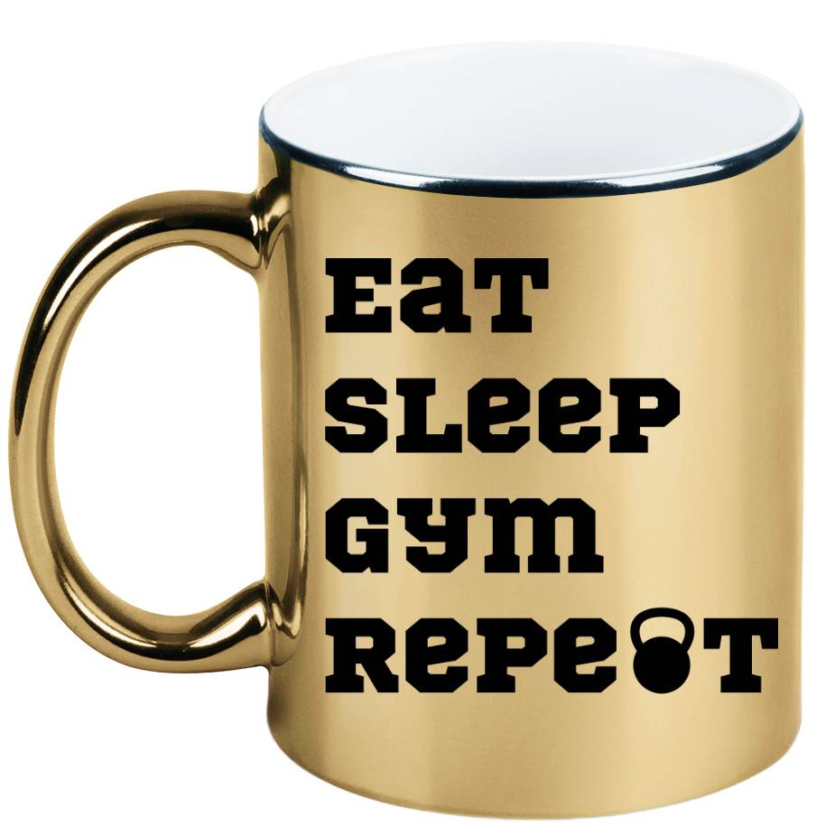 Kubek złoty prezent z nadrukiem "Eat Sleep Gym Repeat" – siłownia #6