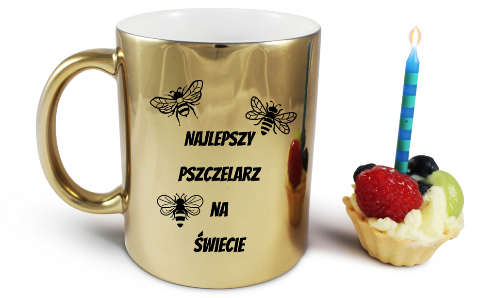 Kubek złoty z nadrukiem "Najlepszy pszczelarz na świecie" - pszczelarstwo #1