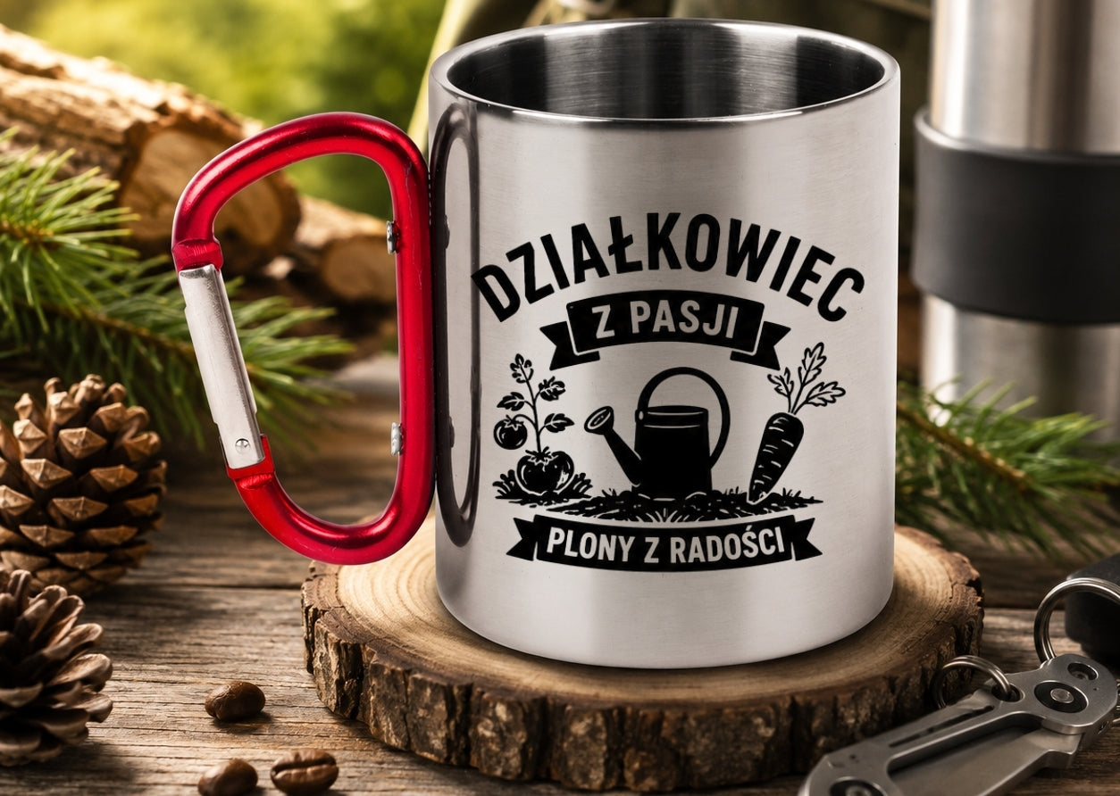 Kubek z czerwonym karabińczykiem „Działkowiec z pasji, plony z radości” – do ogrodu #1
