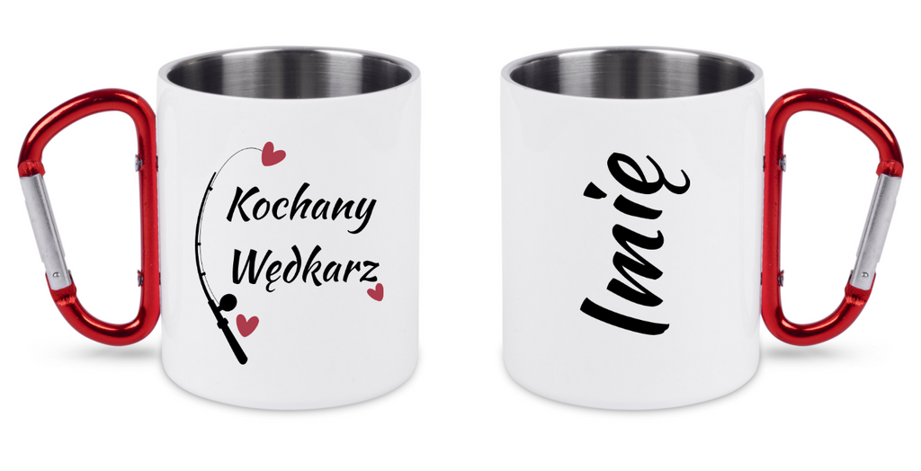 Kubek biały z czerwonym karabińczykiem i nadrukiem "Kochany Wędkarz" #2