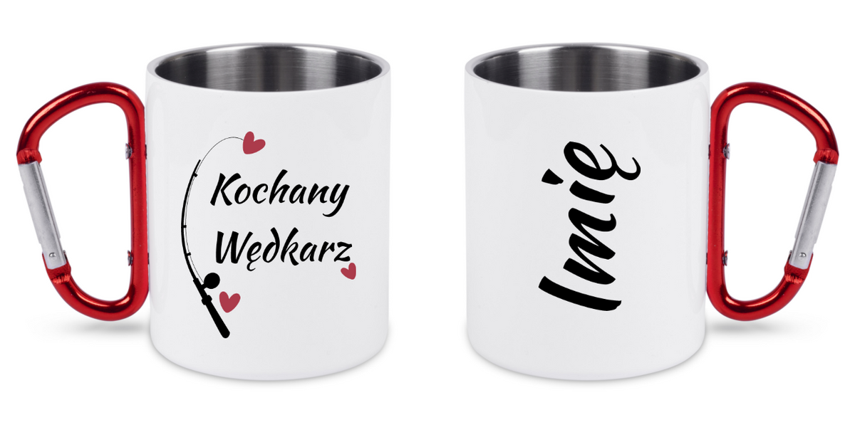 Kubek biały z czerwonym karabińczykiem i nadrukiem "Kochany Wędkarz" #2