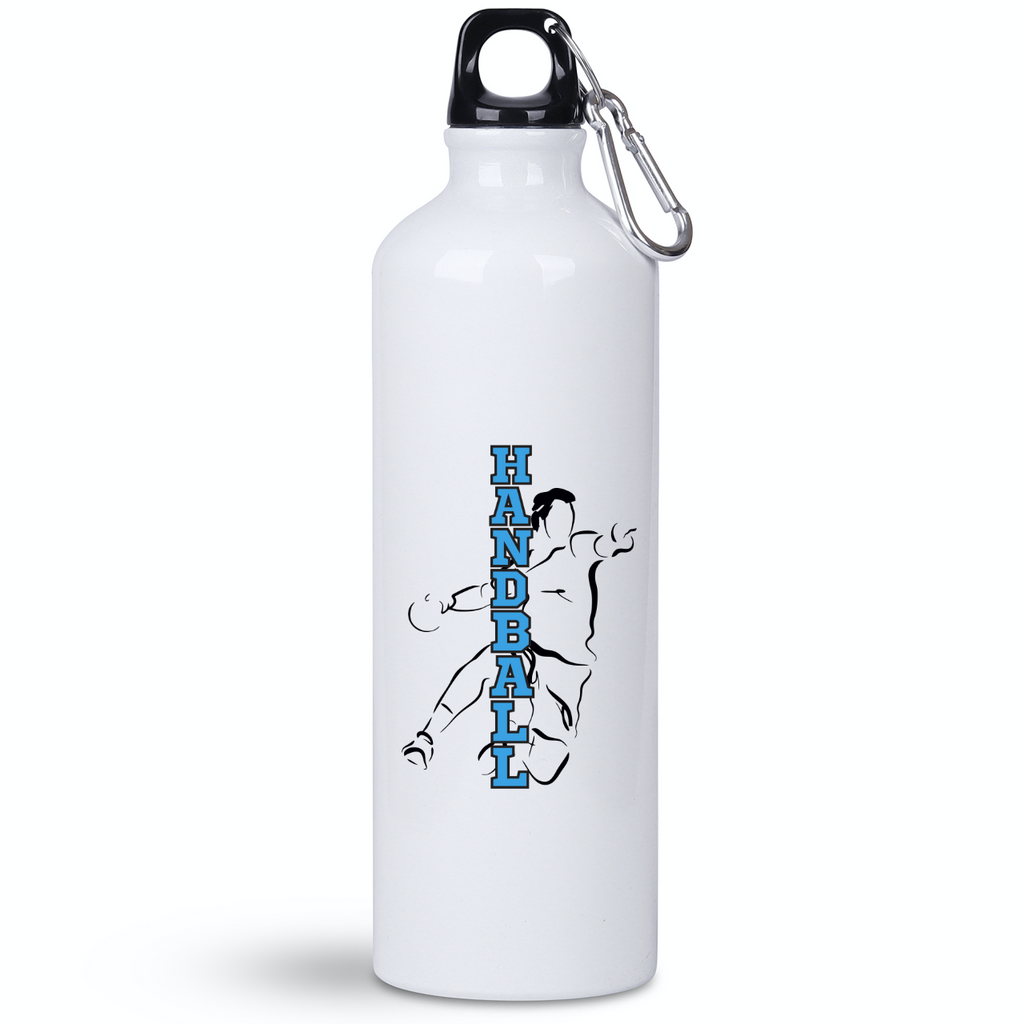 Butelka biała 800 ml z niebieskim napisem "HANDBALL" i grafiką piłkarza #1