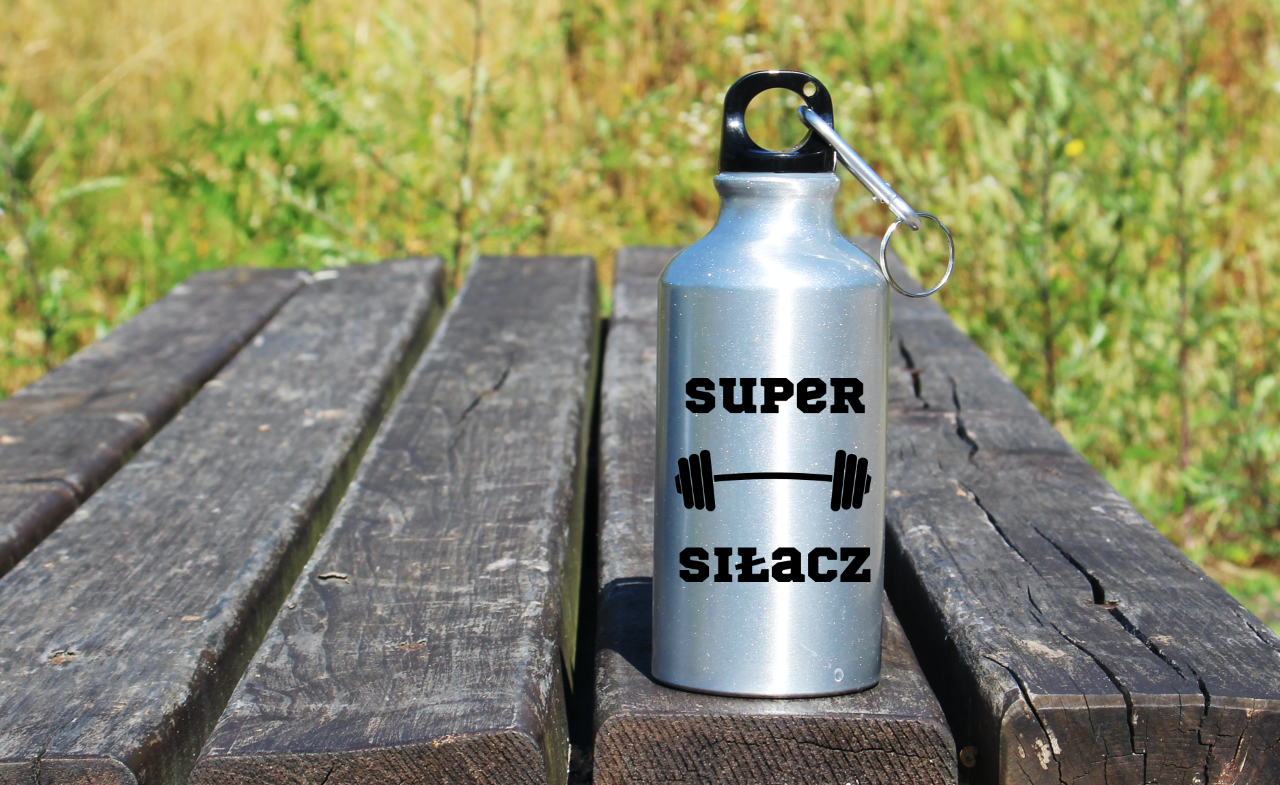 Bidon srebrny 400 ml z nadrukiem „Super Siłacz” – siłownia #3