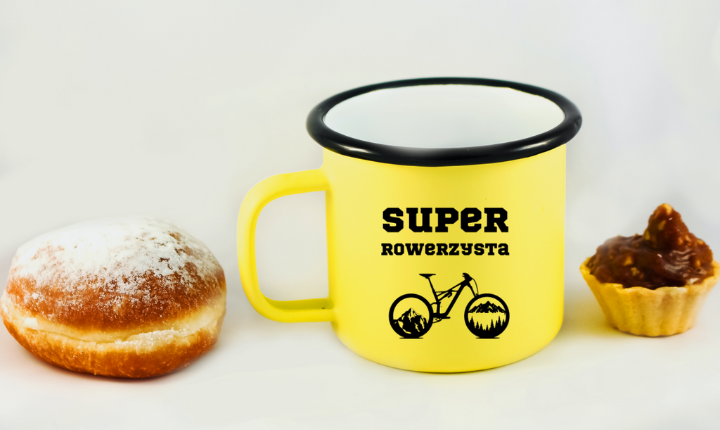 Kubek emaliowany żółty z nadrukiem "Super Rowerzysta" – dla rowerzysty #8