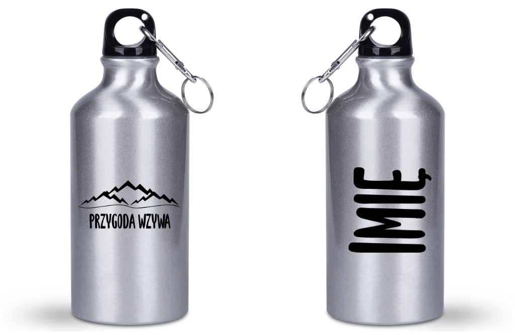 Butelka srebrna 400 ml z nadrukiem „Przygoda wzywa” – podróże, travel #7