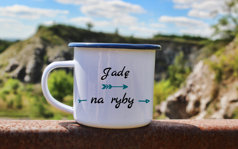 Kubek emaliowany biały z nadrukiem "Jadę na ryby" #3