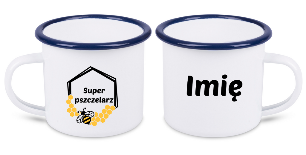 Kubek emaliowany biały z nadrukiem „Super pszczelarza” – pszczelarstwo #11