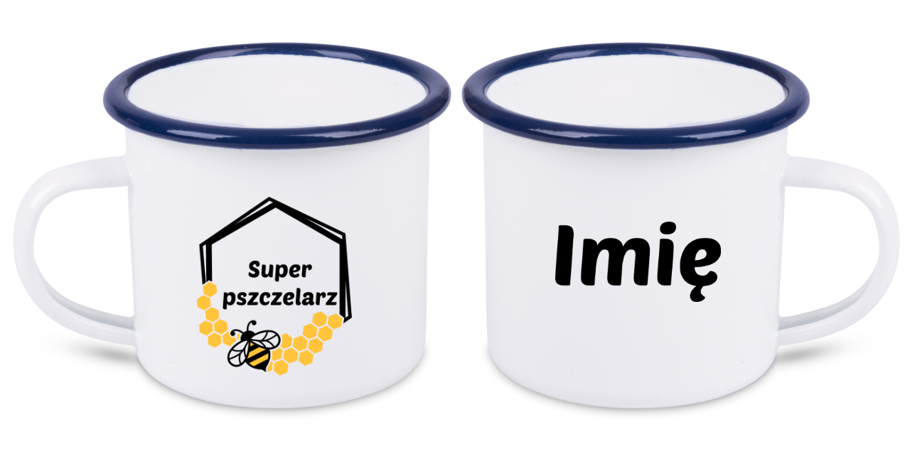 Kubek emaliowany biały z nadrukiem „Super pszczelarza” – pszczelarstwo #11