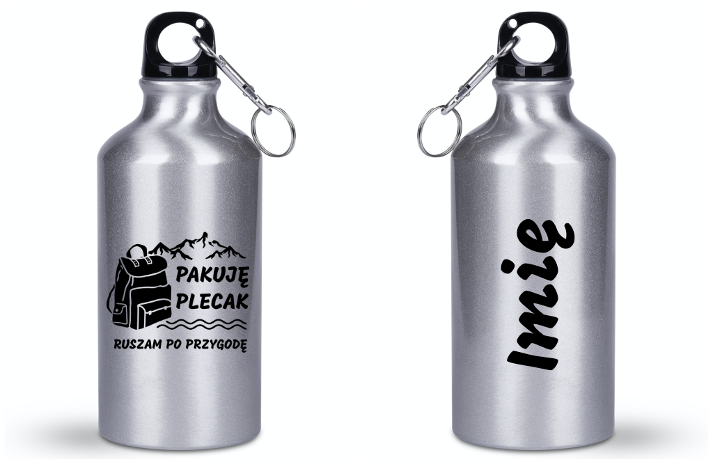 Butelka srebrna 400 ml z nadrukiem „Pakuję plecak, ruszam po przygodę” – przygoda, wyprawa, wycieczka #3