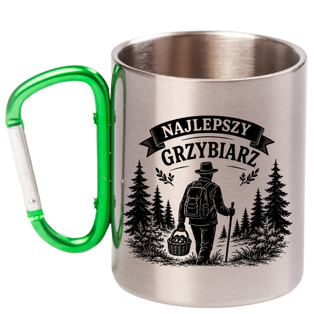 Kubek z zielonym karabińczykiem z nadrukiem „Najlepszy Grzybiarz” – na grzyby #4