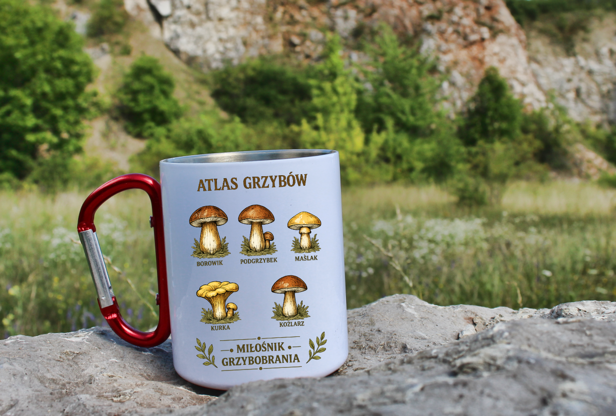 Kubek biały z czerwonym karabińczykiem „Atlas Grzybów” – na grzyby #7