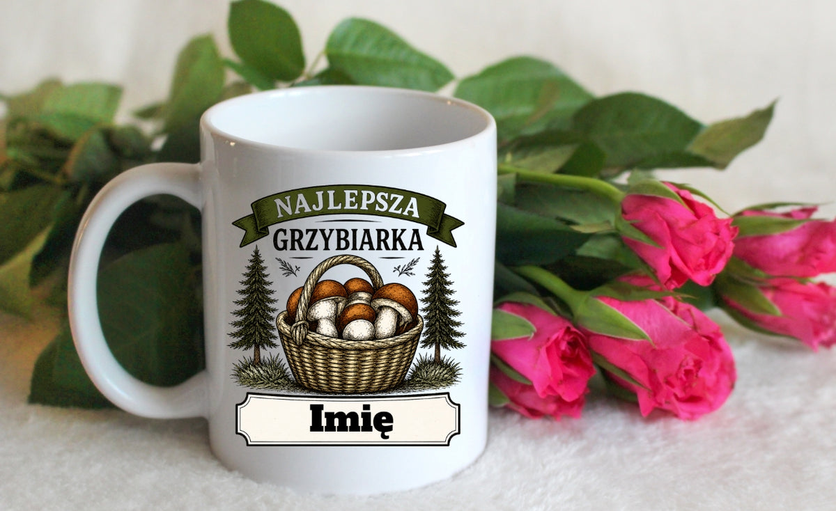 Kubek biały z nadrukiem „Najlepsza Grzybiarka” z imieniem do wyboru – grzyby #6