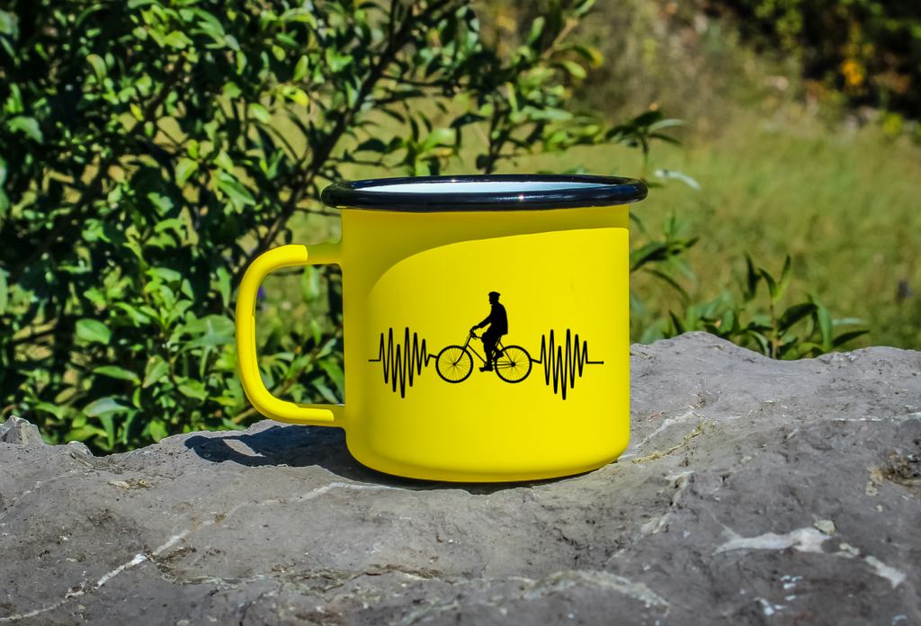 Kubek emaliowany żółty z grafiką rowerowe EKG, linia życia - dla rowerzysty #1