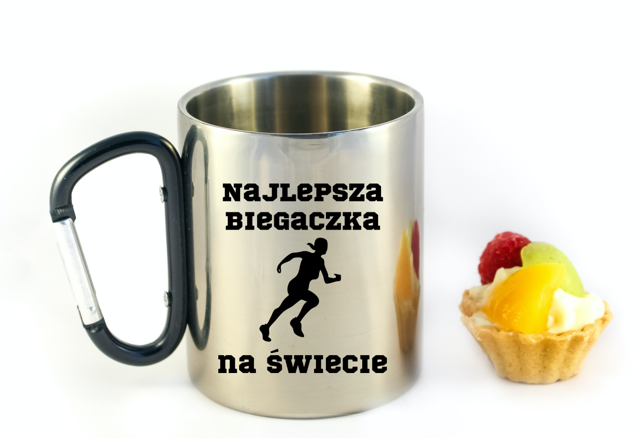 Biegowy kubek z karabińczykiem czarnym i nadrukiem "Najlepsza Biegaczka na Świecie" #2