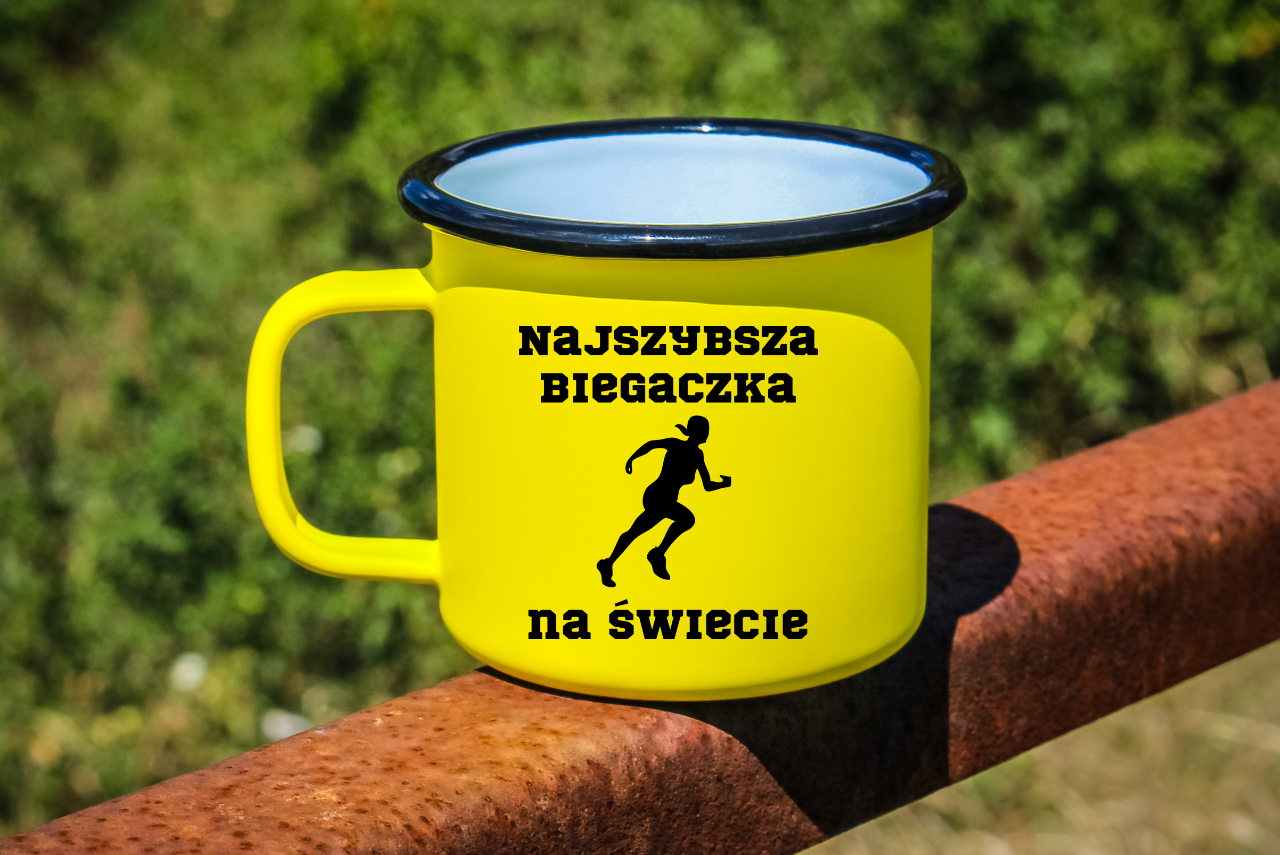 Kubek emaliowany żółty z nadrukiem "Najszybsza Biegaczka na Świecie" – bieganie #3
