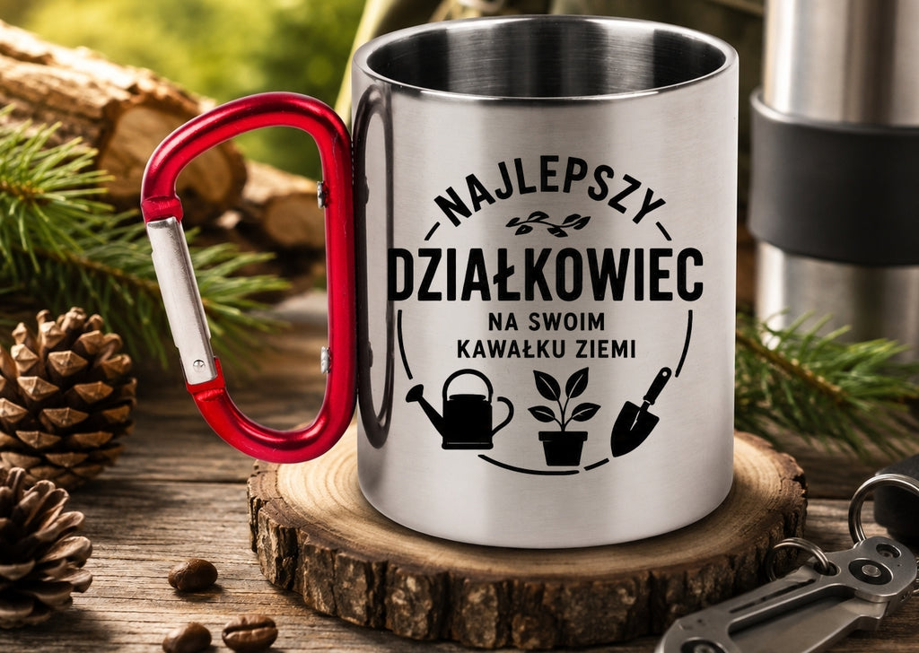 Kubek z czerwonym karabińczykiem „Najlepszy działkowiec na swoim kawałku ziemi” – do ogrodu #5
