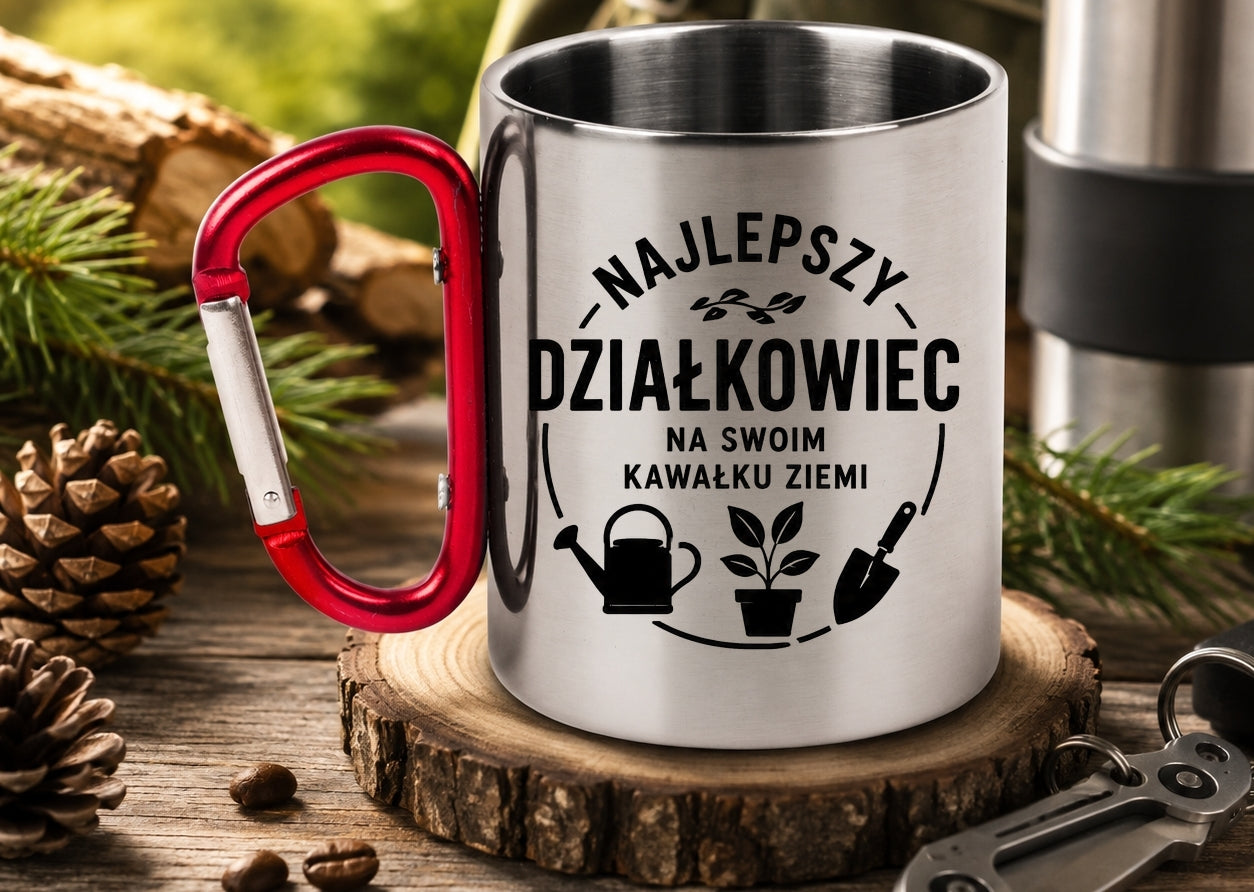 Kubek z czerwonym karabińczykiem „Najlepszy działkowiec na swoim kawałku ziemi” – do ogrodu #5