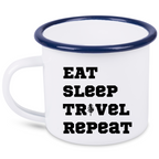 Kubek emaliowany biały z nadrukiem „Eat Sleep Travel Repeat” – podróż, wyprawa #6