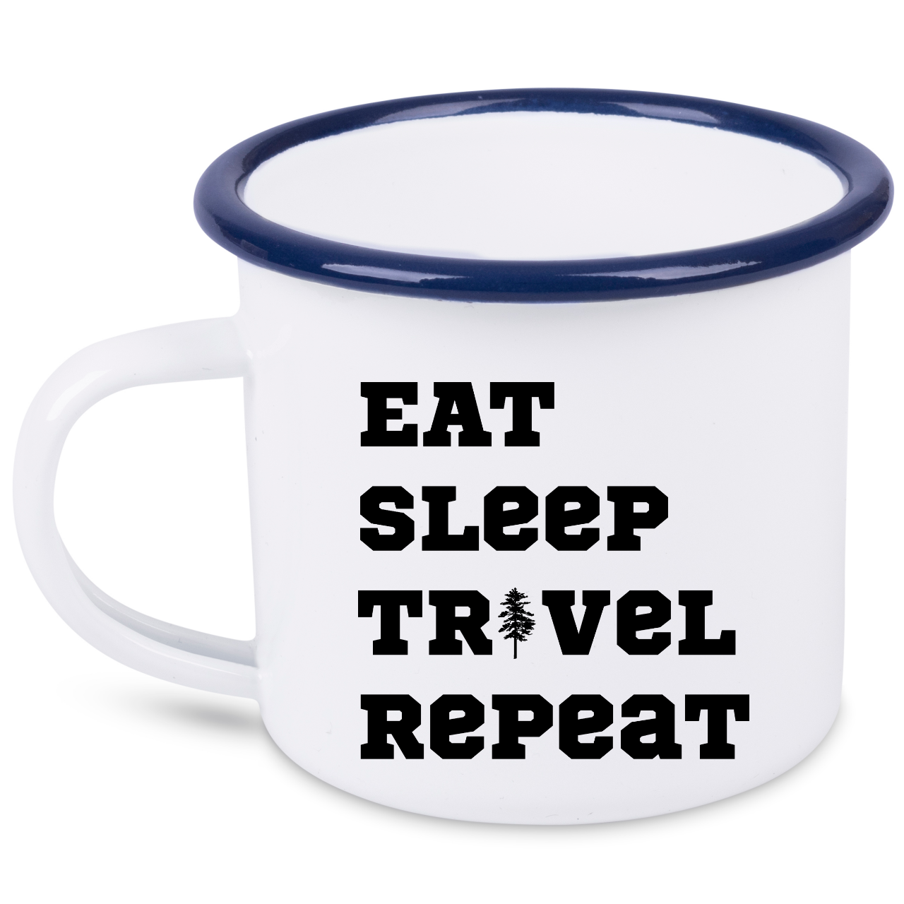 Kubek emaliowany biały z nadrukiem „Eat Sleep Travel Repeat” – podróż, wyprawa #6