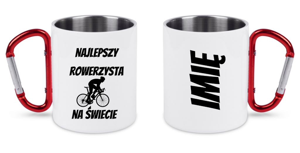Kubek biały z czerwonym karabińczykiem i nadrukiem "Najlepszy rowerzysta na świecie" – dla rowerzysty #11