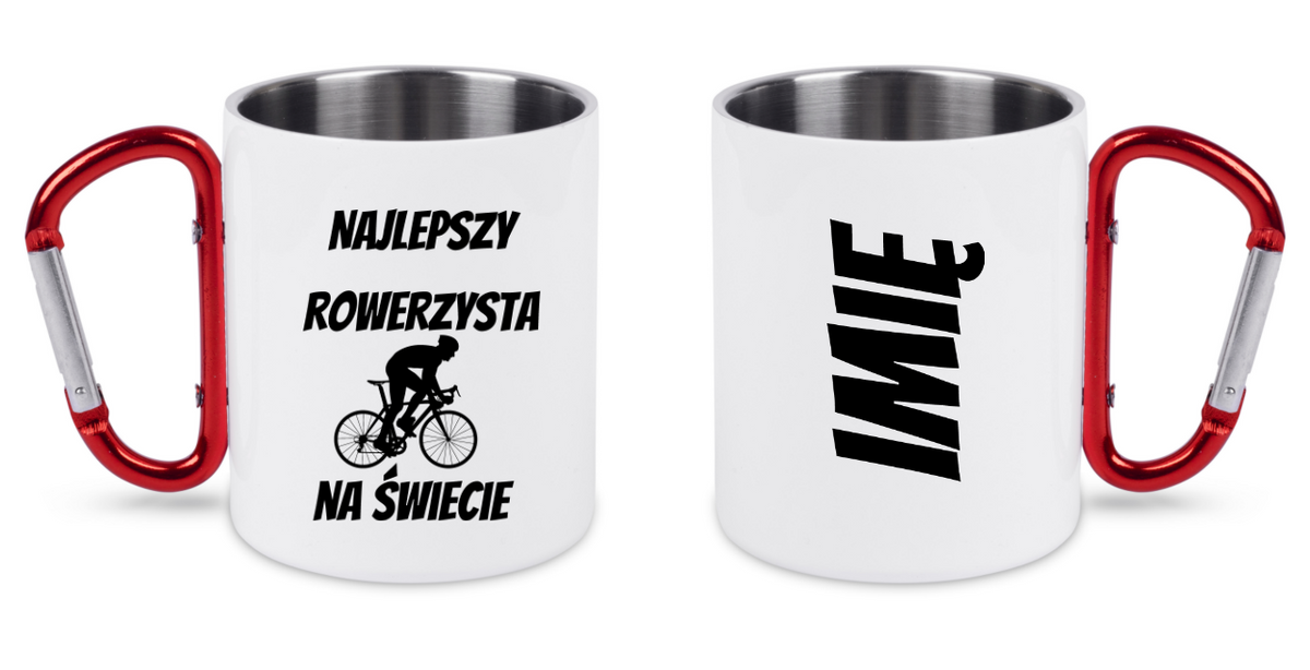 Kubek biały z czerwonym karabińczykiem i nadrukiem "Najlepszy rowerzysta na świecie" – dla rowerzysty #11