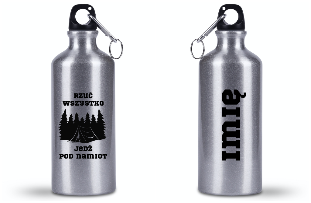 Bidon srebrny 500 ml z nadrukiem „Rzuć wszystko, jedź pod namiot” – namioty, camping, wyprawa #8