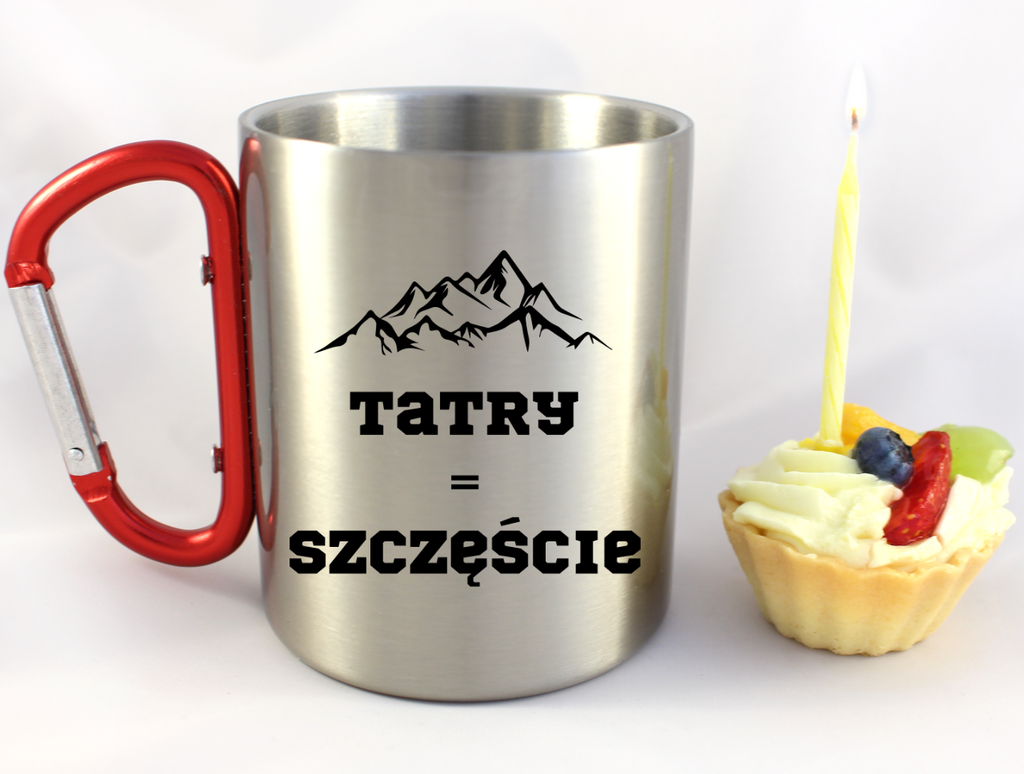Kubek z czerwonym karabińczykiem i nadrukiem „Tatry = Szczęście” – trekking, góry #4