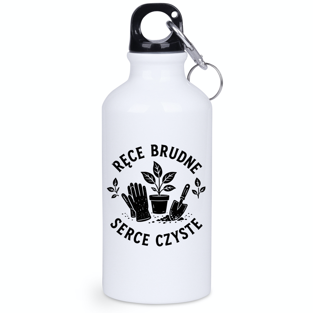 Butelka biała 400 ml z nadrukiem „Ręce brudne, serce czyste” – ogród, działka #7