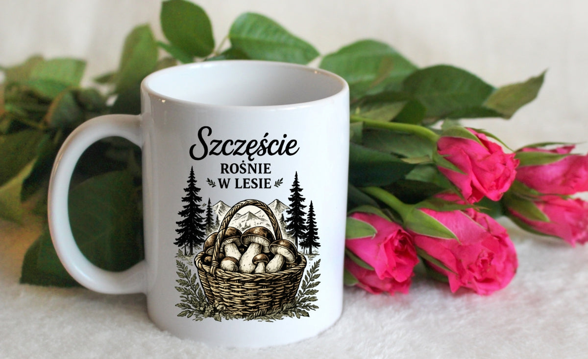 Kubek biały z nadrukiem „Szczęście rośnie w lesie” – grzyby #8