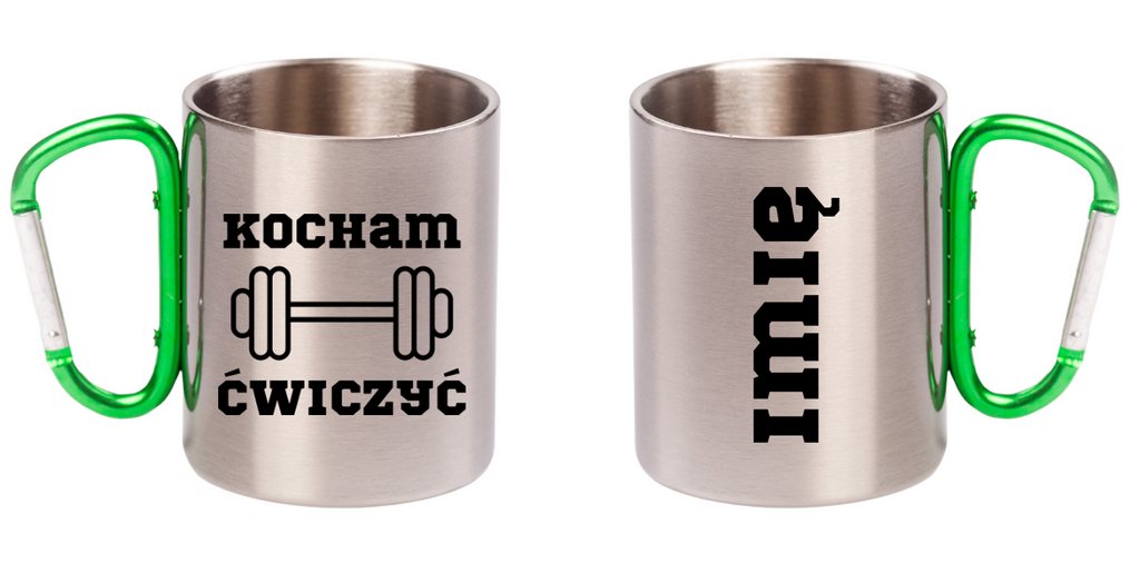 Kubek z zielonym karabińczykiem nadruk "Kocham Ćwiczyć" - siłownia #2