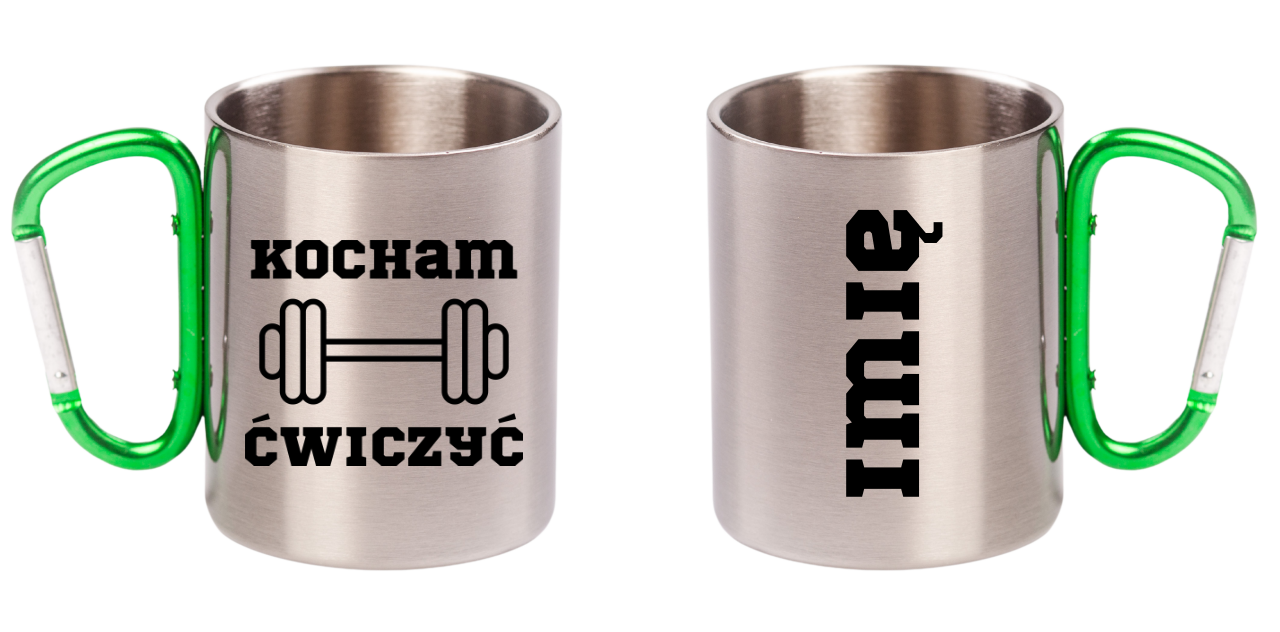 Kubek z zielonym karabińczykiem nadruk "Kocham Ćwiczyć" - siłownia #2